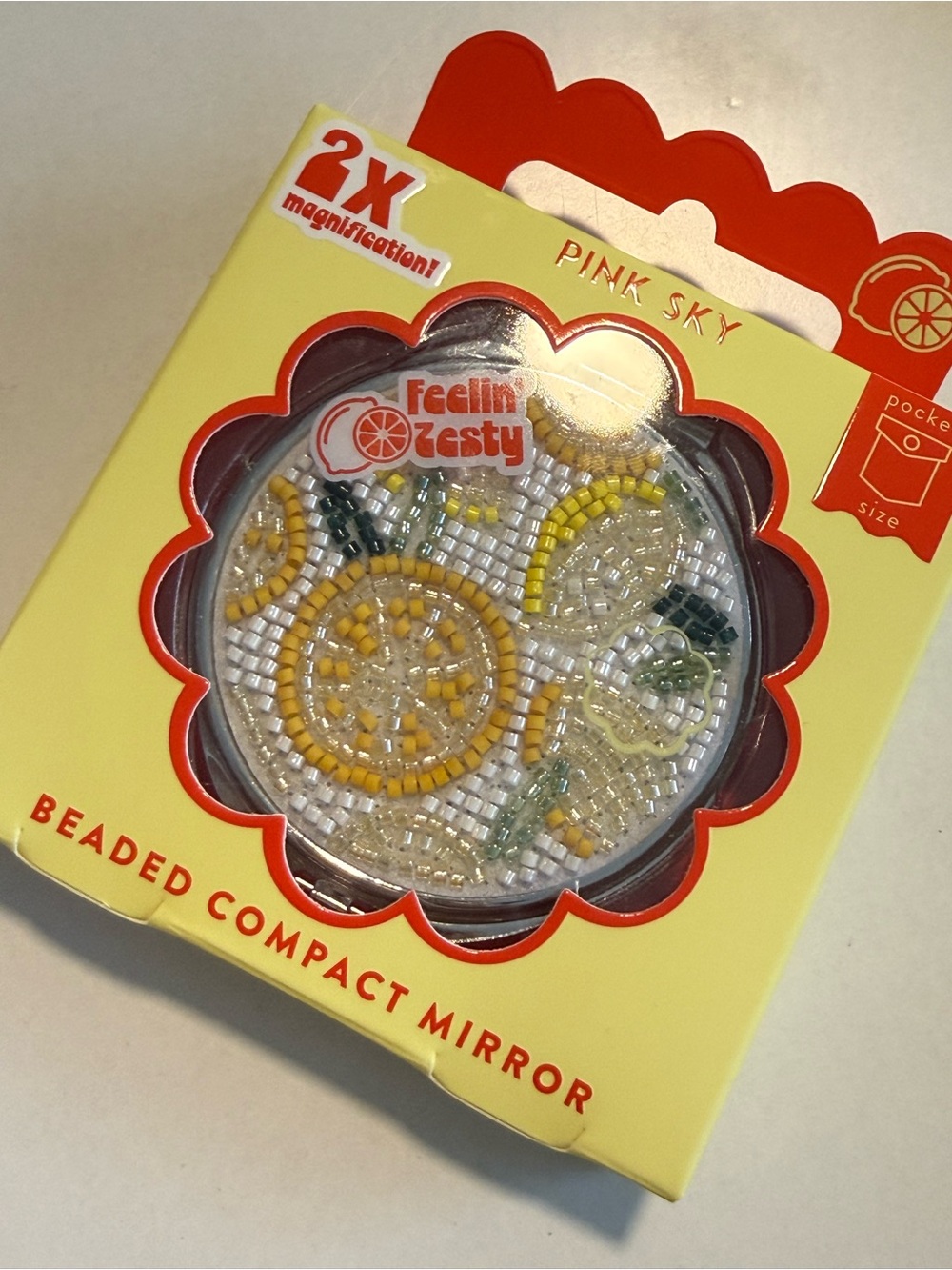 Pink Sky "Feelin' Zesty" Beaded Compact Mirror - Yellow & White